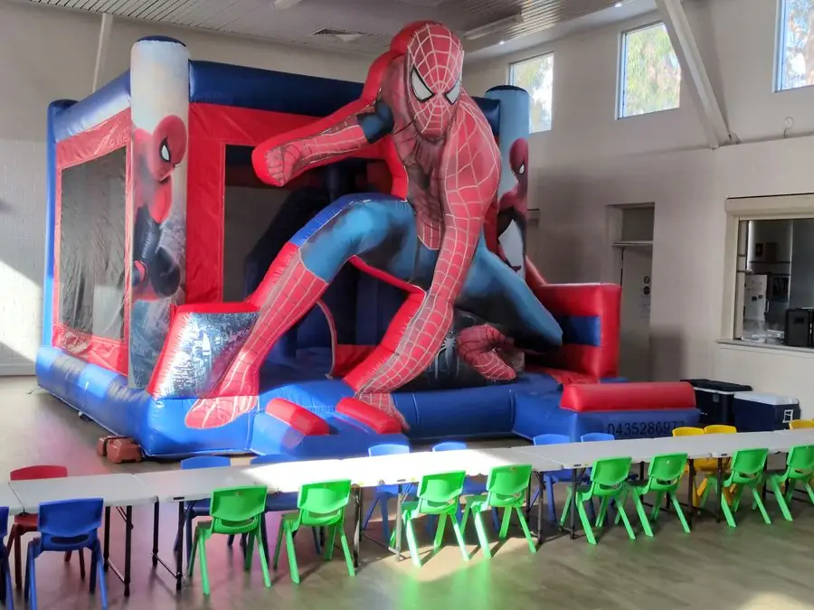 Spider-Man combo castle set up inside a community hall for a kids birthday party — Perth, WA